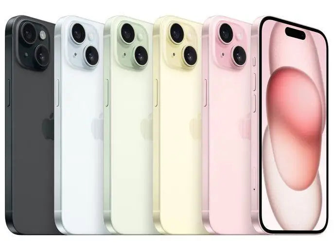 iPhone 15 128GB rosa exibido entre modelos em preto, branco, amarelo e verde em fundo neutro
