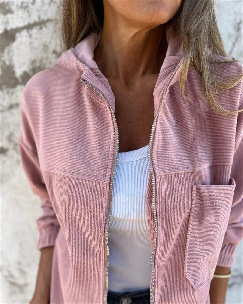 Jaqueta de inverno feminina em rosa com capuz e tecido de veludo para looks confortáveis