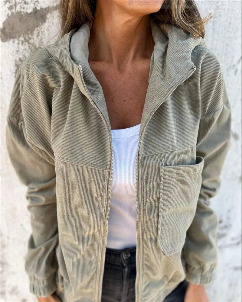 Jaqueta de inverno feminina em veludo com capuz e bolso frontal para um visual moderno