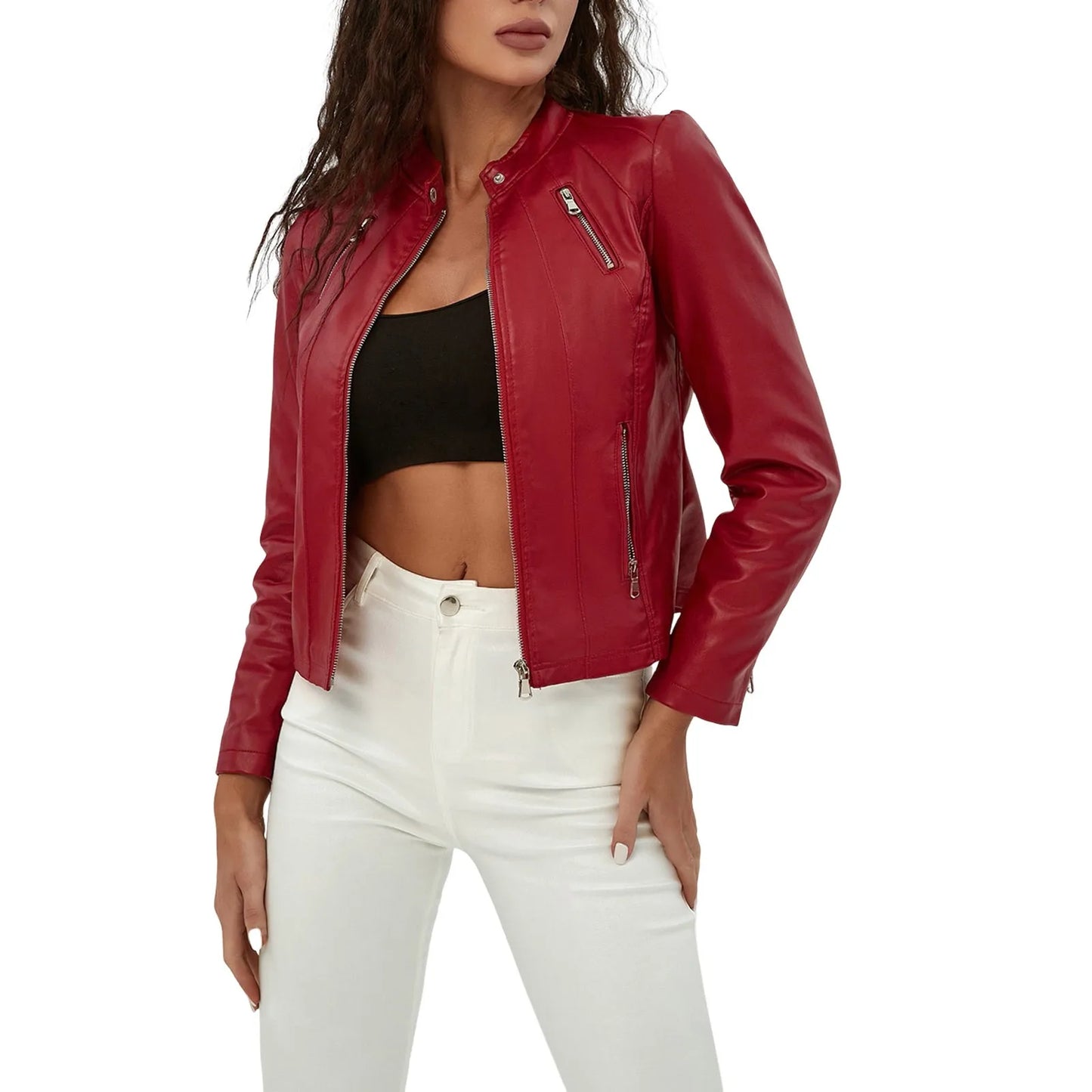 Jaqueta feminina couro patchwork vermelha com zíperes, ideal para looks casuais e modernos