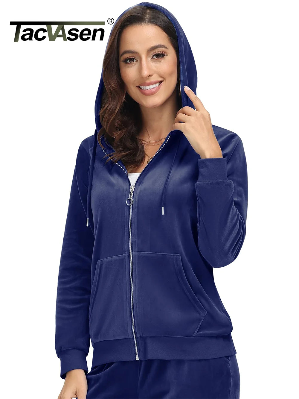 Jaqueta feminina de veludo azul da TACVASEN com capuz e design confortável para uso diário
