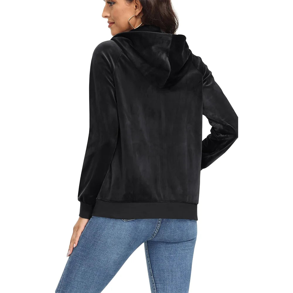 Jaqueta feminina de veludo TACVASEN preta com capuz e bolso traseiro, ideal para looks casuais