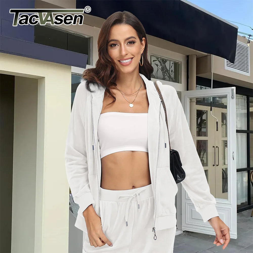 Jaqueta feminina de veludo TACVASEN em tom claro, com capuz e zíper, ideal para looks casuais