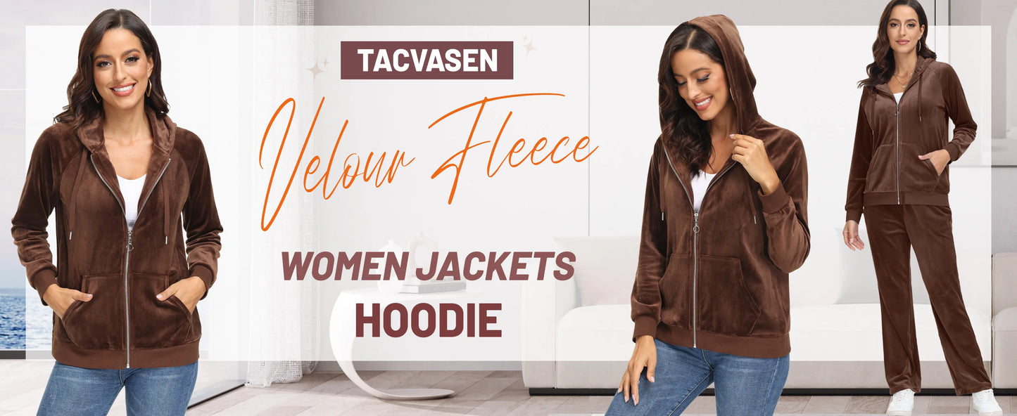 Jaqueta feminina de veludo TACVASEN com capuz e bolso, ideal para looks casuais e aquecidos