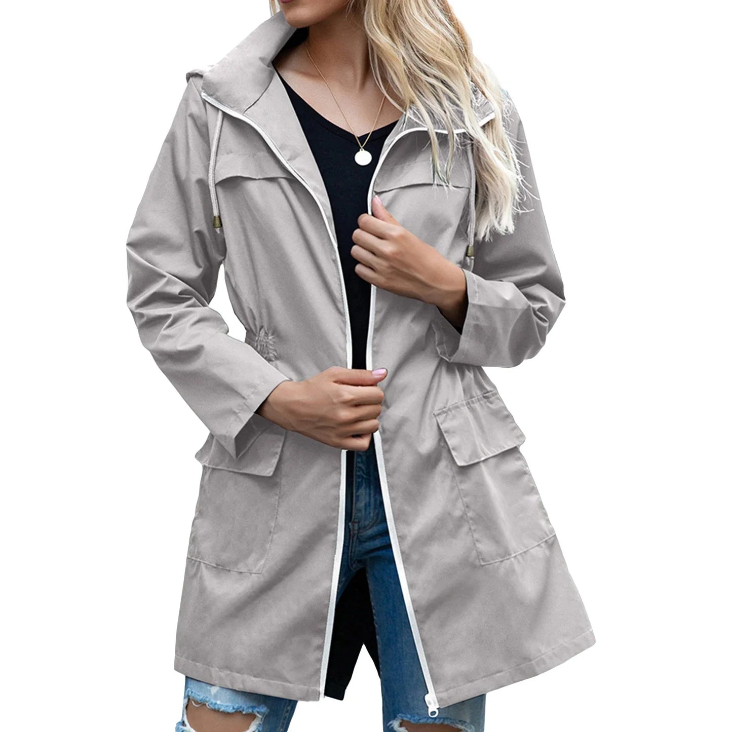 Jaqueta feminina cinza leve com capuz e bolsos, ideal para dias chuvosos, jaquetas de chuva femininas