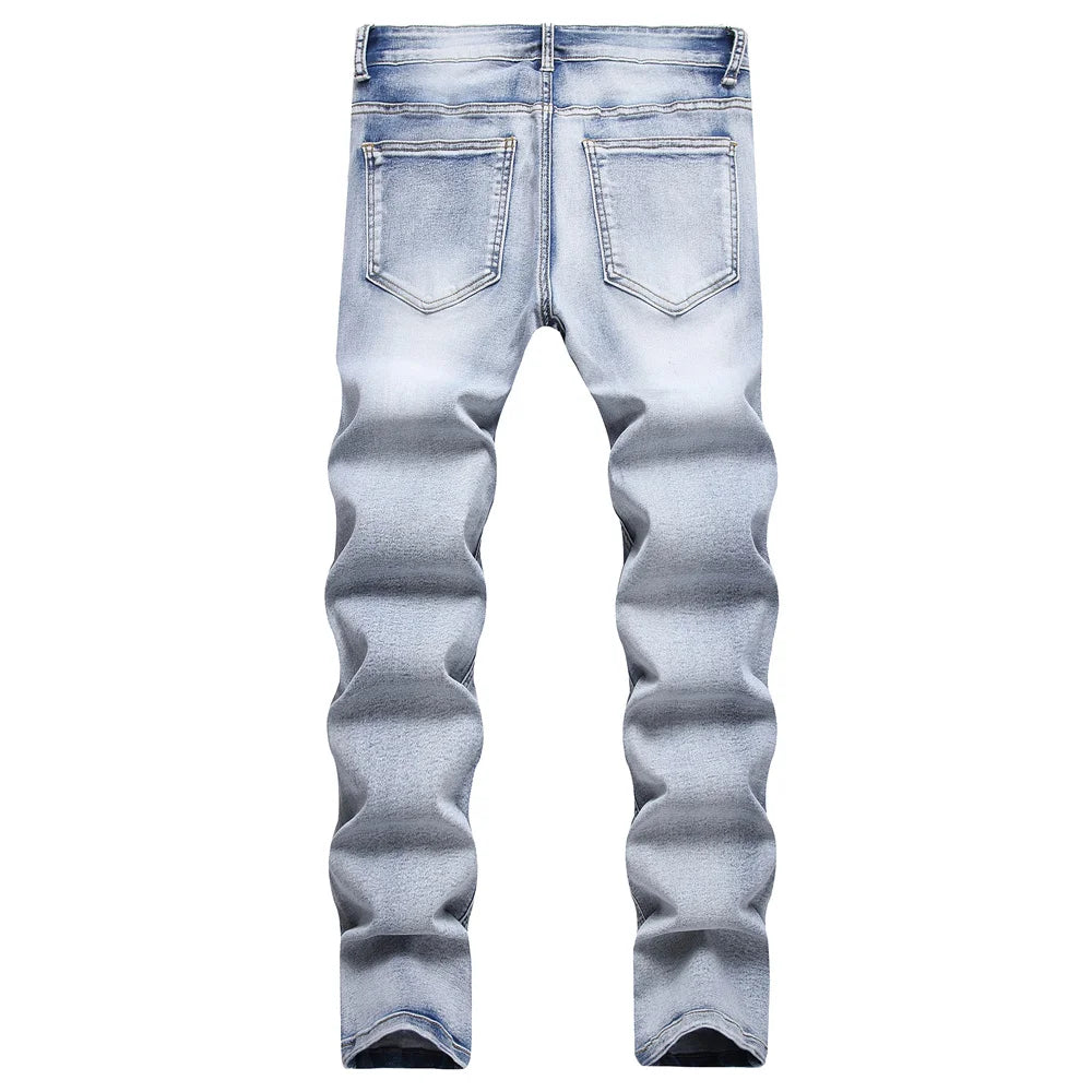 Calça jeans hip hop masculino em estilo desbotado, com ajuste slim e detalhes rasgados