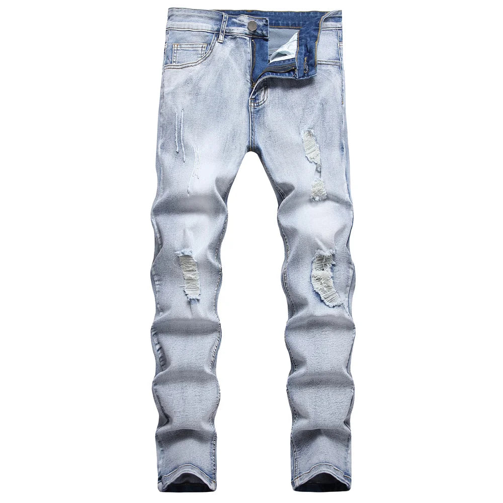 Jeans hip hop masculino desbotado com detalhes rasgados e ajuste moderno para um estilo urbano