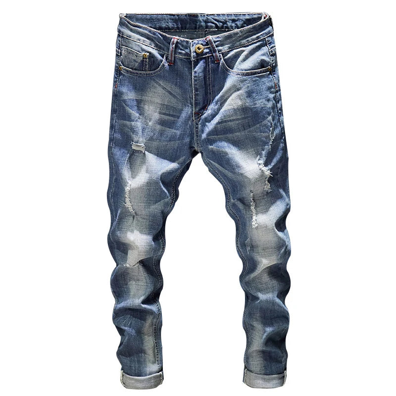 Calça masculina jeans rasgado azul claro da marca CASTUN com ajuste moderno e confortável