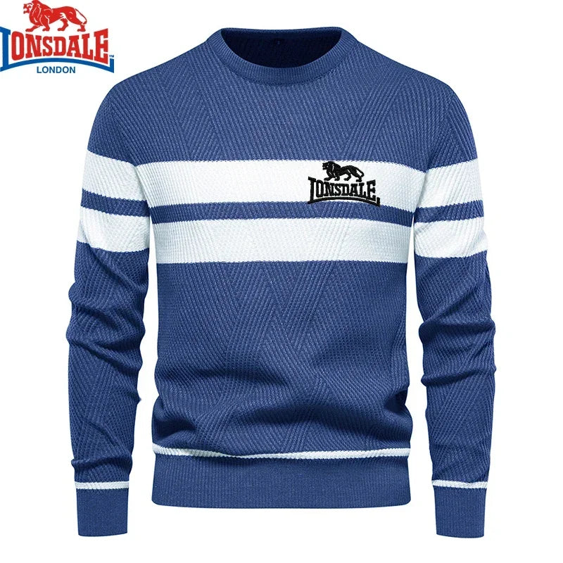 Suéter masculino LONSDALE azul com listras brancas, ideal como casaco suéter masculino quente