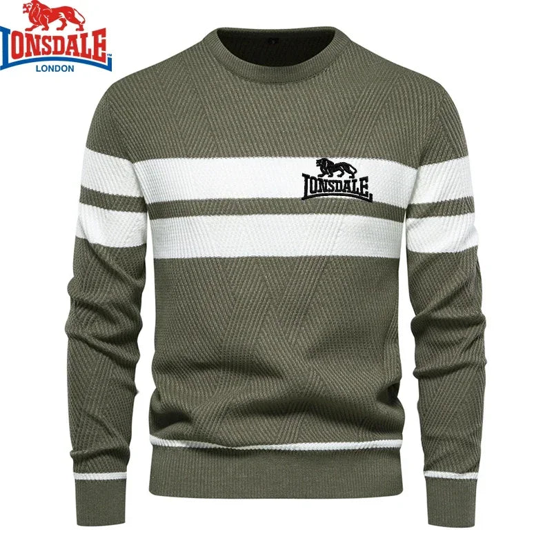 Casaco suéter masculino quente LONSDALE verde com listras brancas e logo na frente