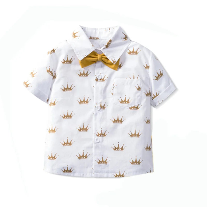Conjunto infantil YSOYOK camisa branca estampada com coroas e roupa menino com gravata borboleta amarela ideal para festas