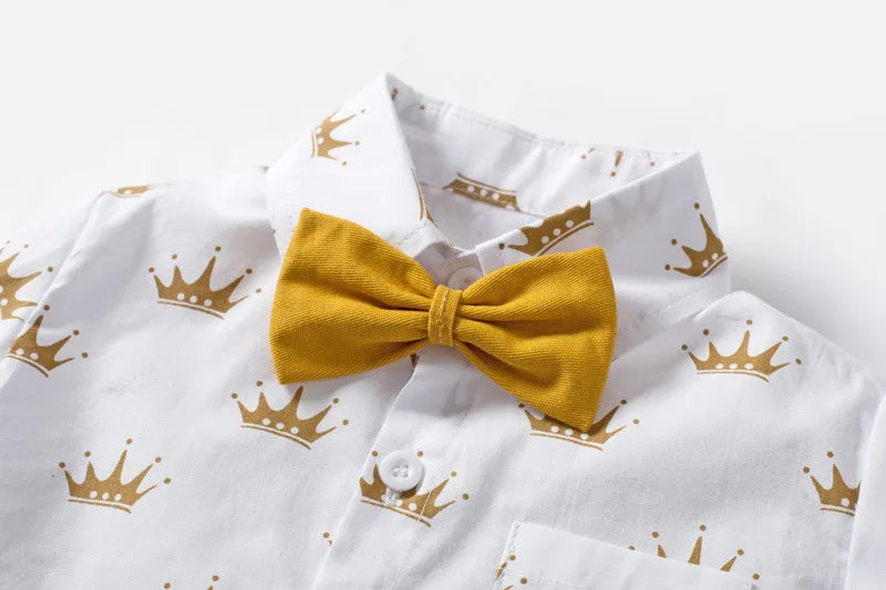 YSOYOK conjunto de roupas infantis roupa menino com gravata borboleta amarela camisa branca com coroas douradas