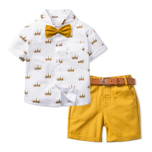 Conjunto infantil YSOYOK camisa branca com coroas roupa menino com gravata borboleta amarela shorts mostarda