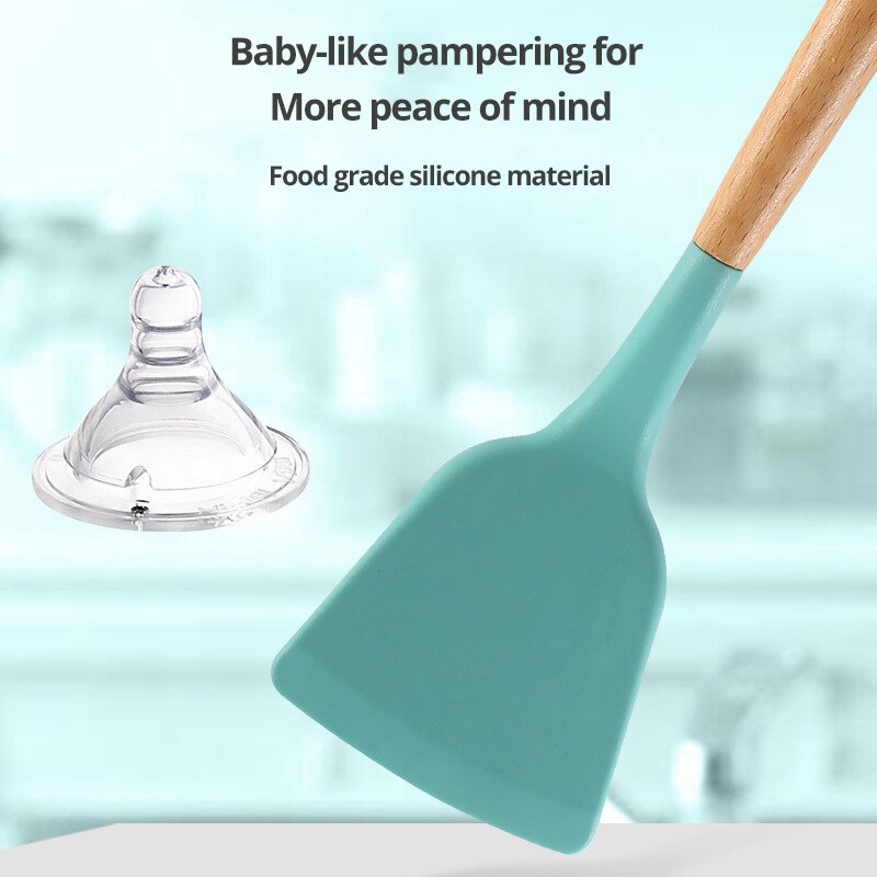 Conjunto de utensílios de cozinha kit cozinha cabo madeira com espátula de silicone em tom verde claro