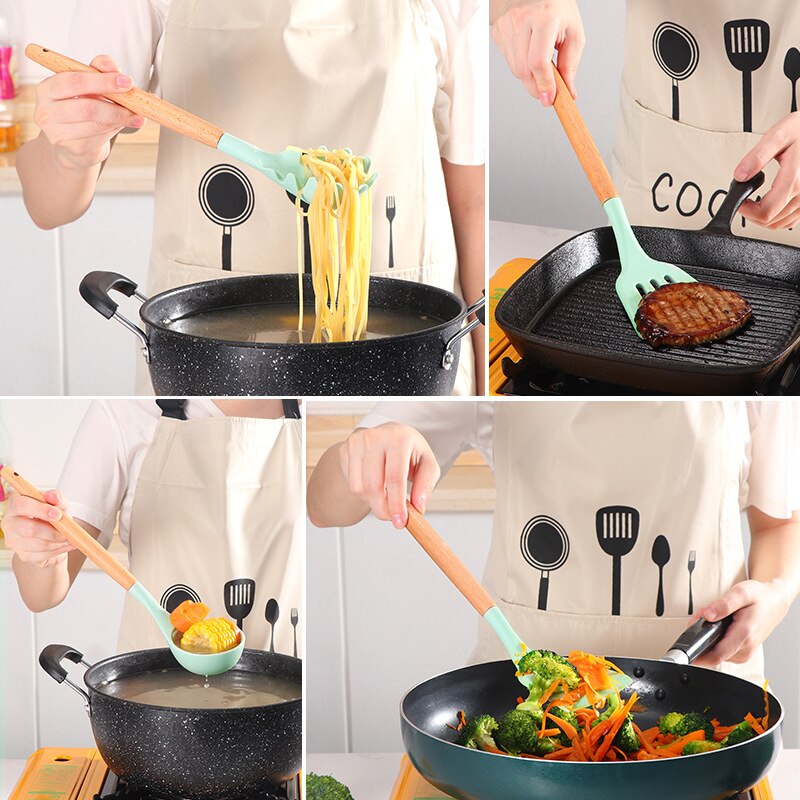 Conjunto de utensílios de cozinha kit cozinha cabo madeira em uso, ideal para preparar diversas receitas.