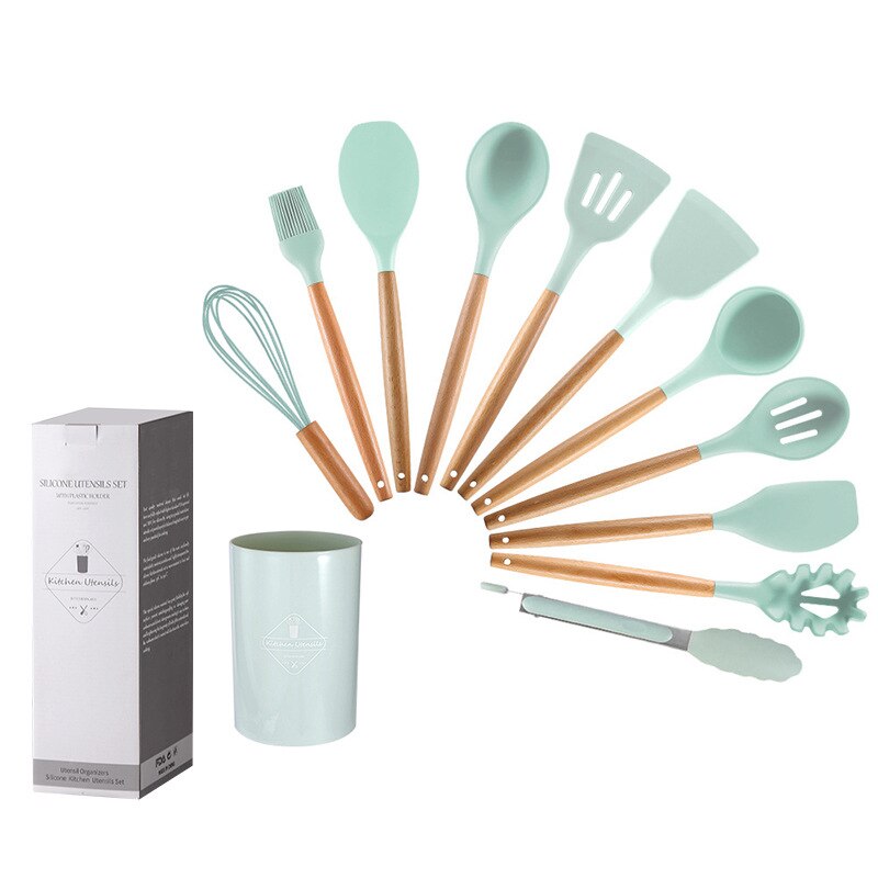 Kit cozinha cabo madeira com utensílios em silicone verdes e suporte para organização na cozinha