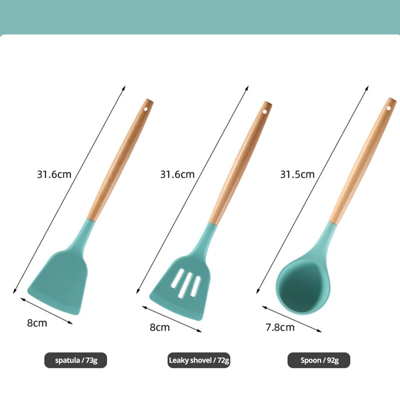 Conjunto de utensílios de cozinha kit cozinha cabo madeira com espátula, pá e concha em verde