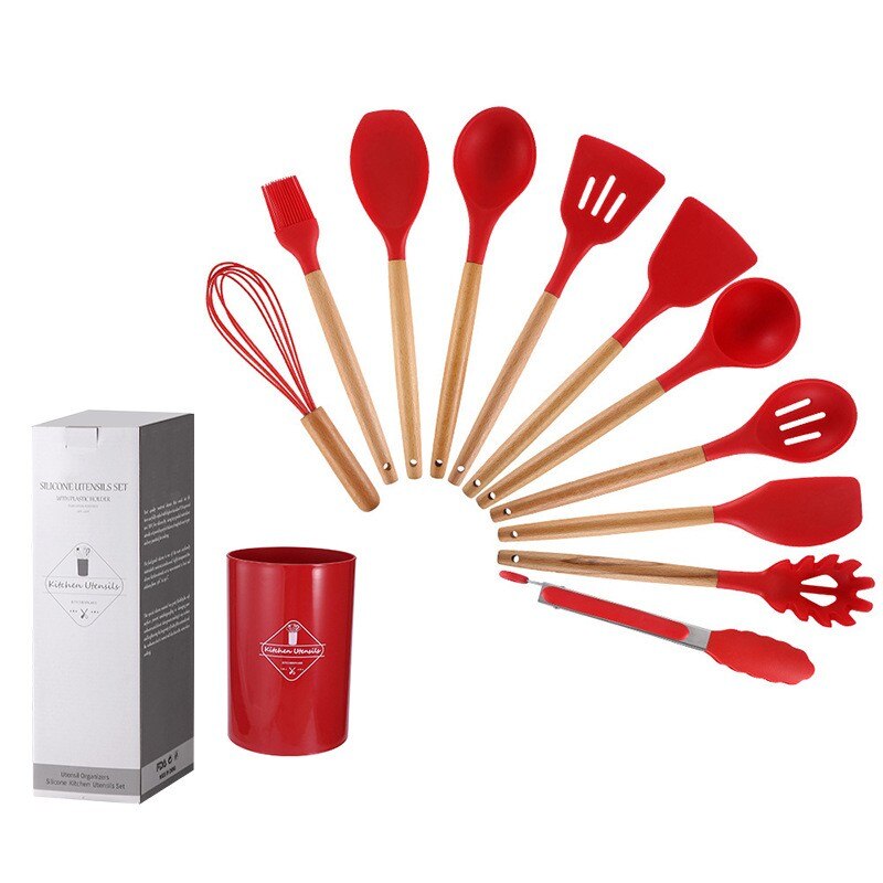 Conjunto de utensílios de cozinha em silicone vermelho com cabo de madeira, kit cozinha cabo madeira