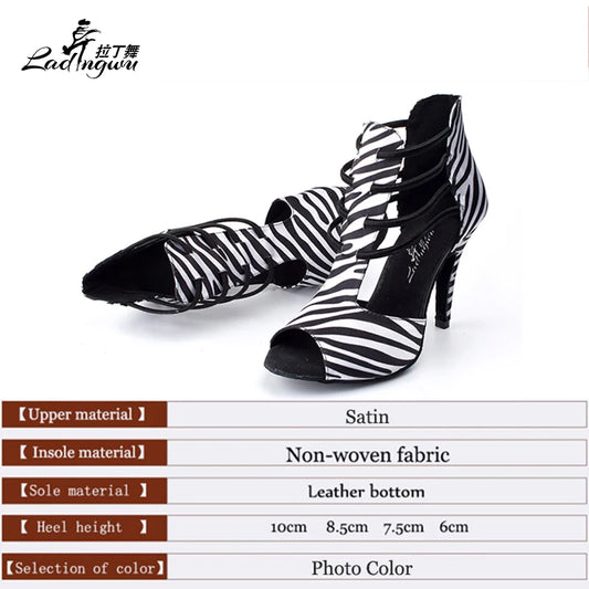 Sapatos salto tango feminino em padrão zebra com cabedal em cetim e salto alto elegante