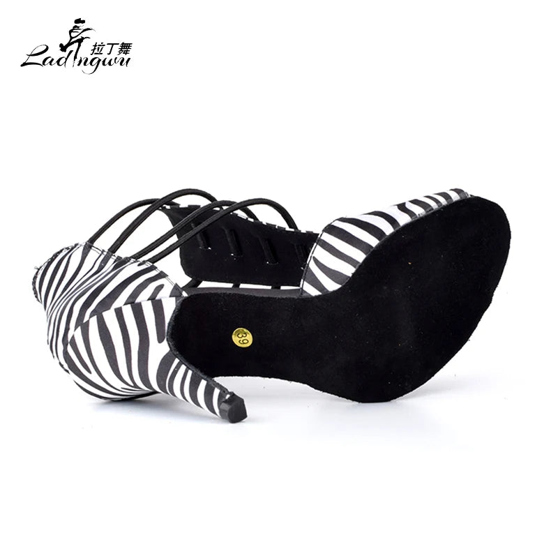 Sapatos salto tango feminino LADINGWU com estampa de zebra e sola em camurça preta para dançar confortavelmente
