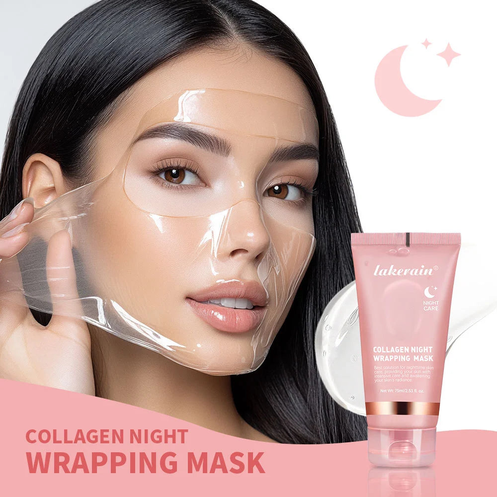 Creme noturno para pele facial com colágeno VERONNI aplicado em máscara transparente no rosto de mulher
