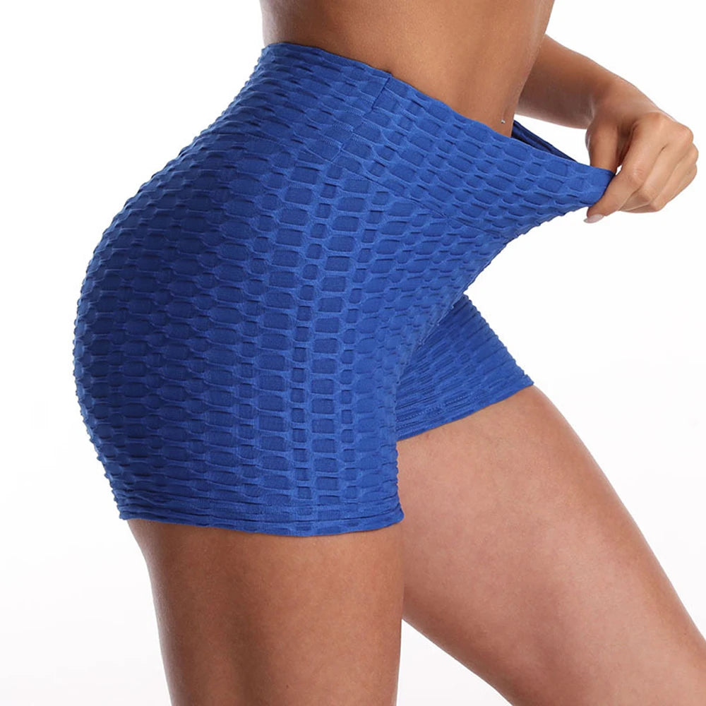 Shorts feminino de ioga azul com textura suave e cintura elástica para maior conforto durante atividades físicas
