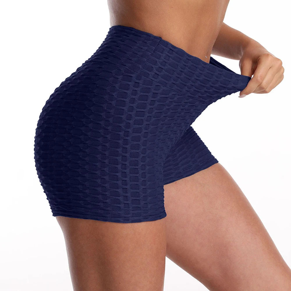 Shorts feminino de ioga em tecido azul marinho com ajuste confortável para praticar exercícios