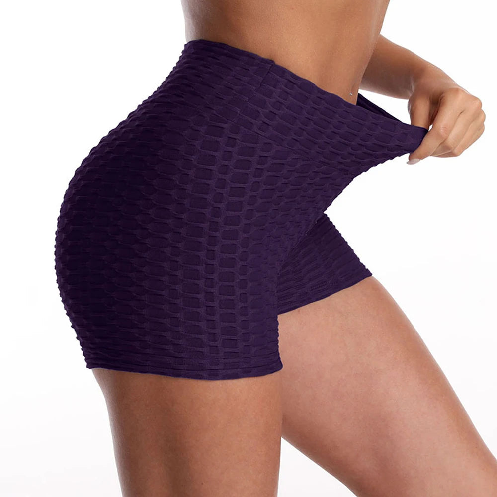 Shorts feminino de ioga FLCPAY em roxo com tecido texturizado para conforto e flexibilidade