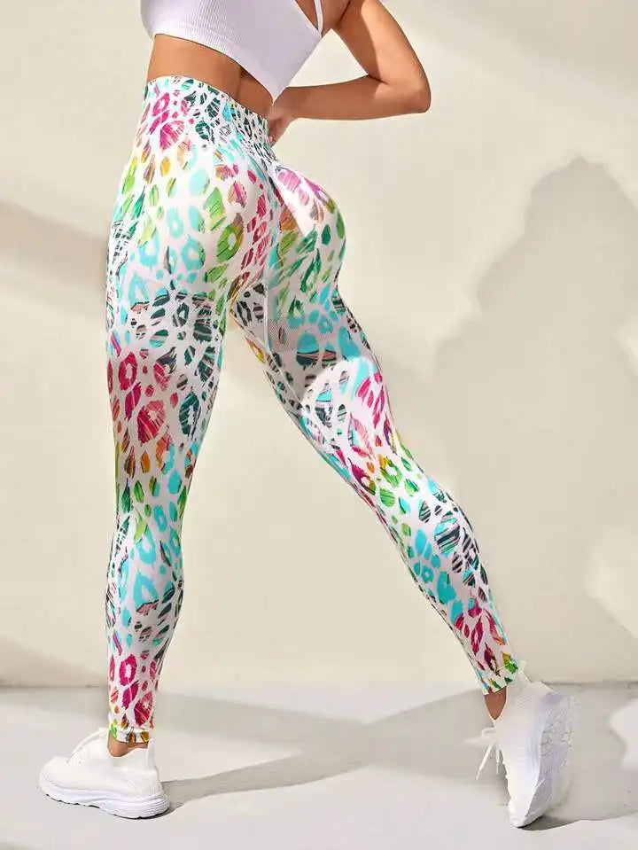 Calça feminina TIANKA legging cintura alta sem costura com estampa colorida e design ajustado