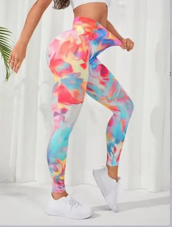 Calça feminina TIANKA legging cintura alta sem costura com estampa colorida e confortável para o dia a dia