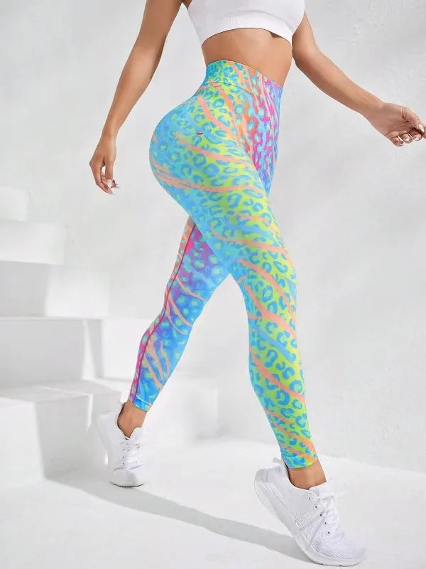 Calça feminina TIANKA legging cintura alta sem costura em cores vibrantes com estampa de manchas