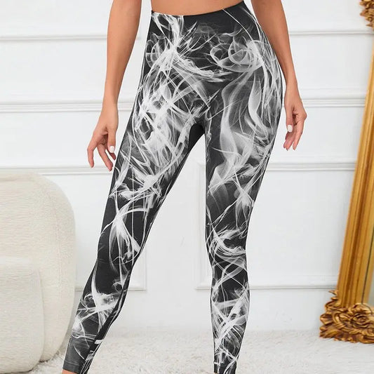 Calça feminina TIANKA legging cintura alta sem costura com estampa moderna em preto e branco