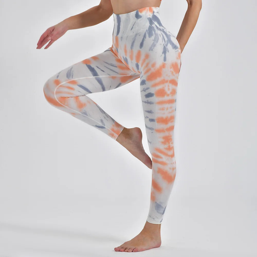 Calça feminina TIANKA legging cintura alta sem costura com estampa tie-dye colorida e confortável