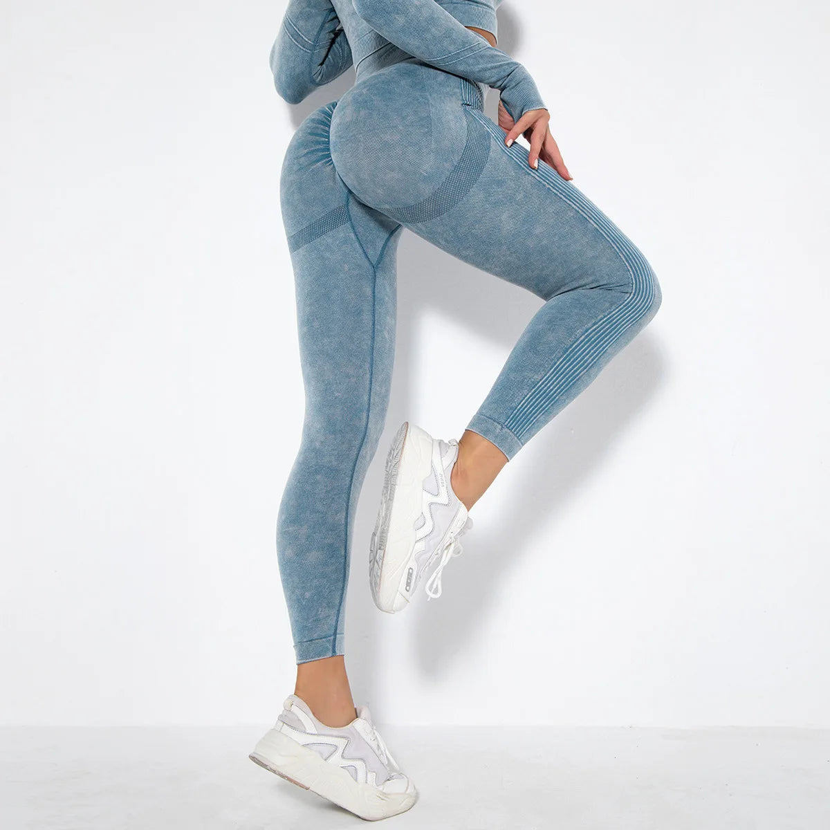 Legging sem costura yoga BOCRUNING azul com design ajustado e confortável para praticar exercícios