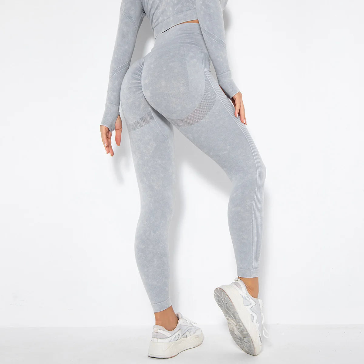 Calça feminina BOCRUNING legging sem costura yoga em tom cinza claro, ideal para exercícios e conforto