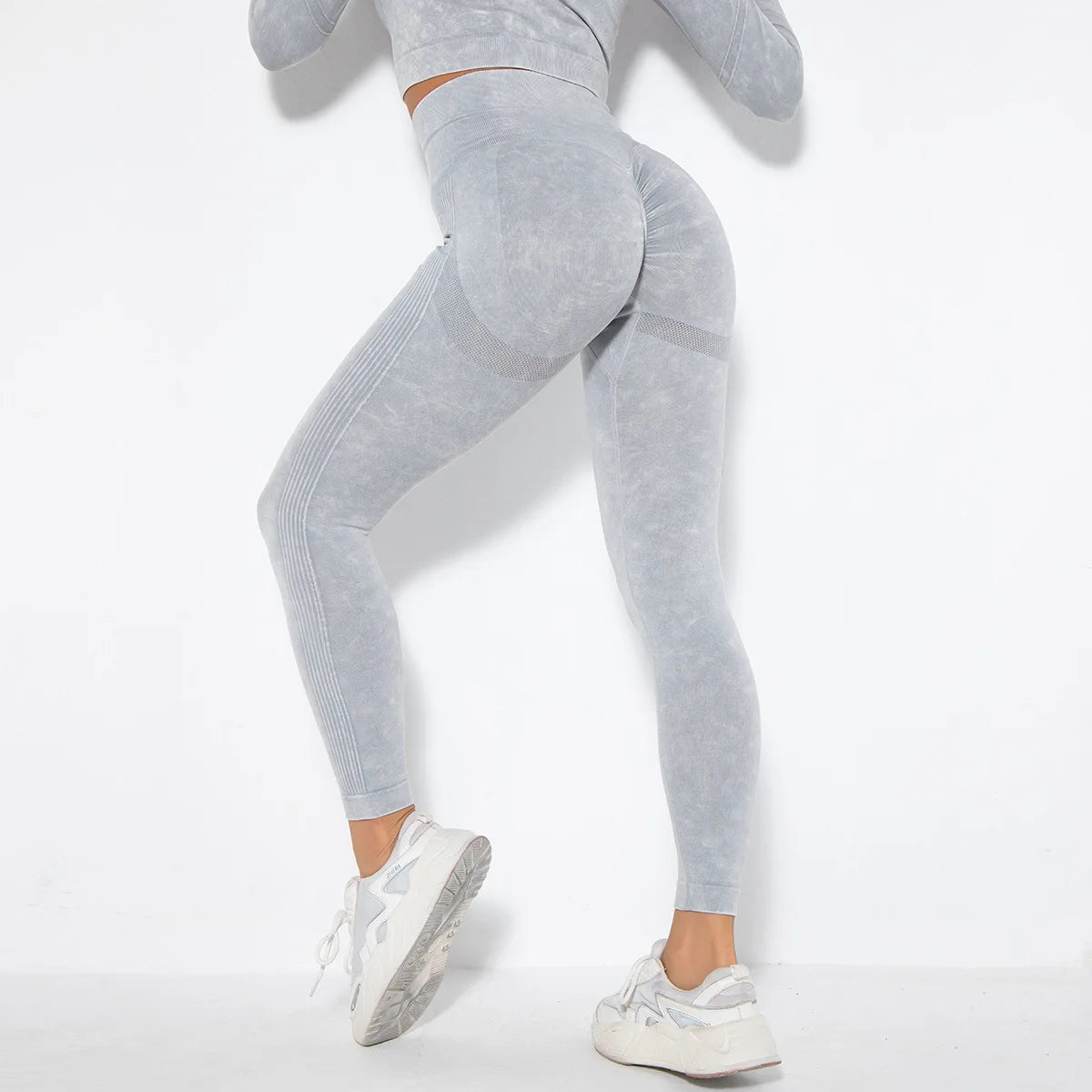 Calça feminina BOCRUNING legging sem costura yoga em cinza, perfeita para treinos e conforto