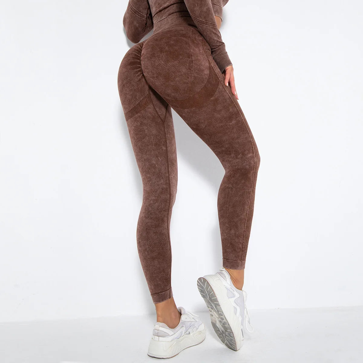 Calça feminina BOCRUNING legging sem costura yoga em tom marrom, ideal para atividades e conforto