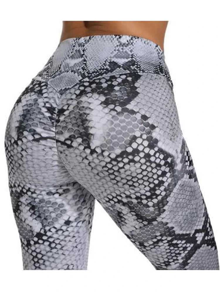 Leggings femininas estampa animal em couro de serpente, ideais para exercícios e estilo