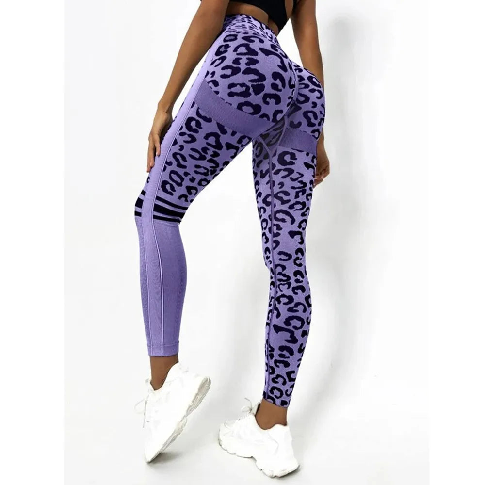 Leggings para yoga feminina CEODOGG em roxo com estampa de leopardo e ajuste confortável