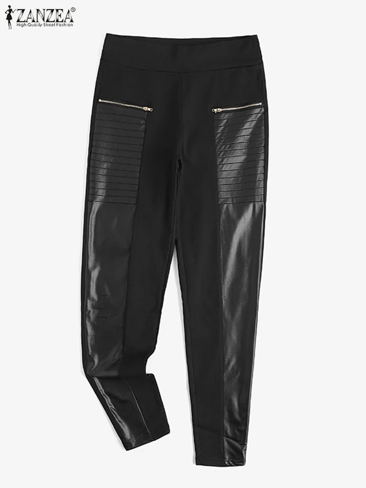 Calça feminina ZANZEA leggings skinny couro pretas com detalhes em couro e zíperes estilizados