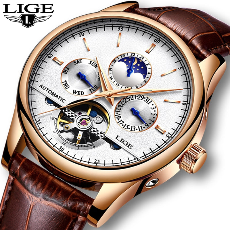 Relógio automático esportivo LIGE masculino com mostrador elegante e pulseira de couro marrom