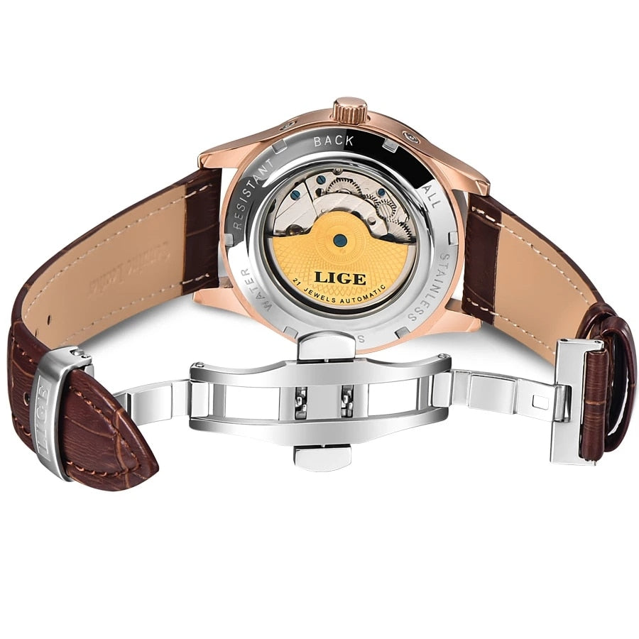 Relógio de pulso masculino LIGE com design elegante, relógio automático esportivo e fundo transparente