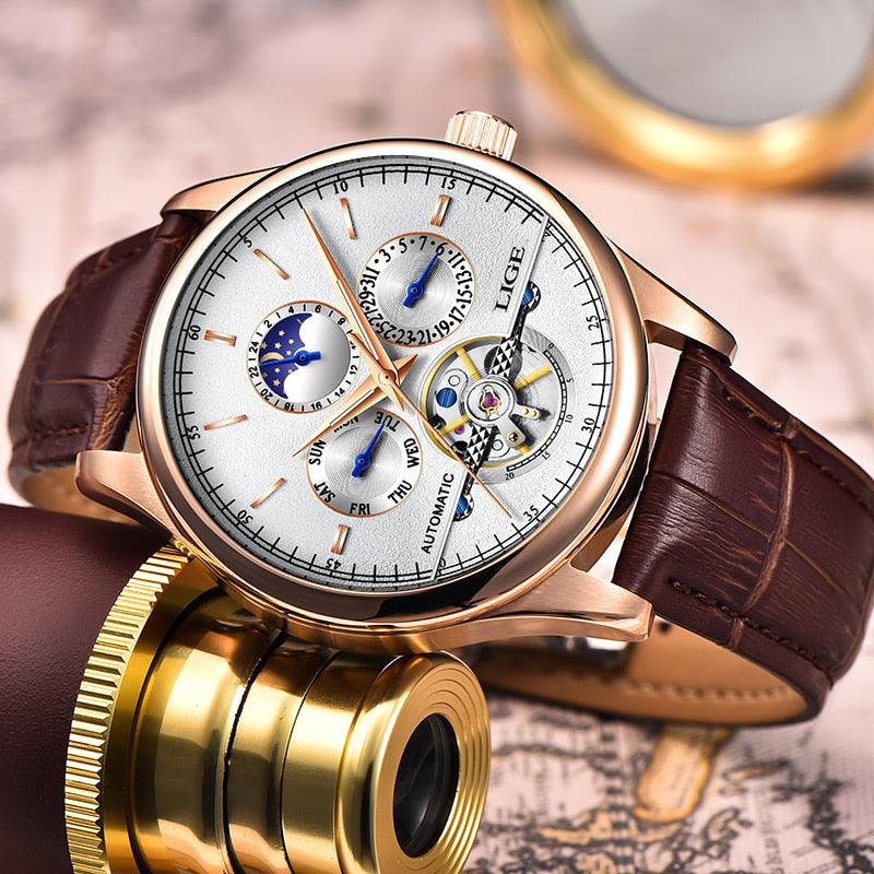 Relógio automático esportivo masculino LIGE com mostrador elegante e pulseira de couro marrom