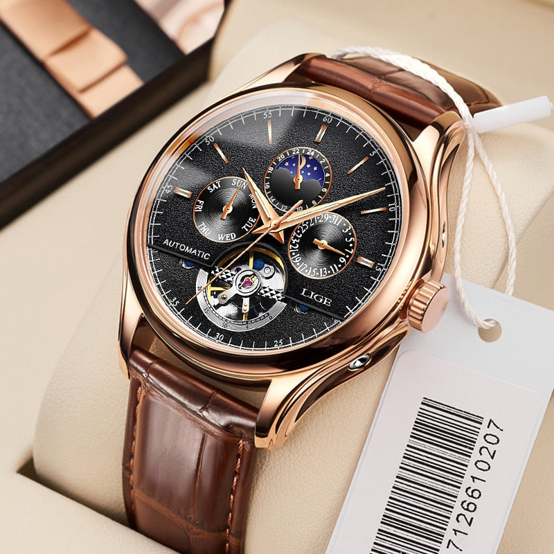 Relógio automático esportivo LIGE com mostrador elegante e pulseira de couro marrom