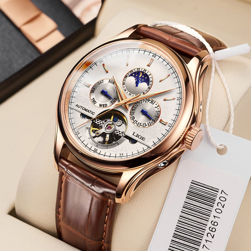 Relógio automático esportivo masculino LIGE com mostrador elegante e pulseira de couro marrom.