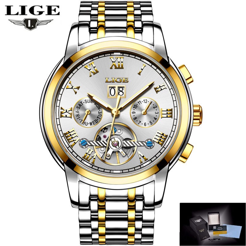 Relógio automático esportivo masculino LIGE com design elegante e mostrador prateado e dourado