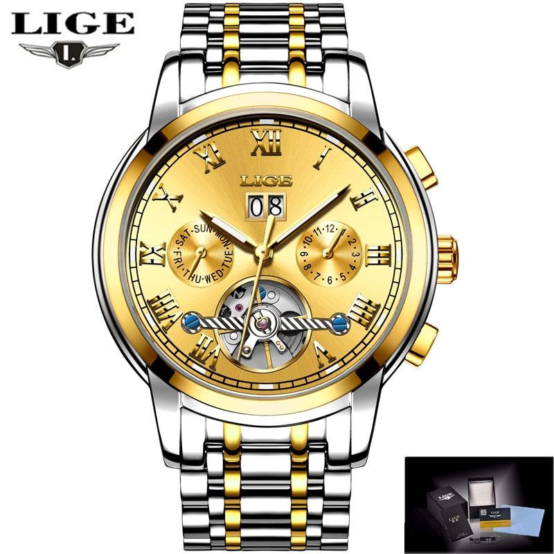 Relógio automático esportivo LIGE com mostrador dourado e pulseira de aço inoxidável em prata e dourado