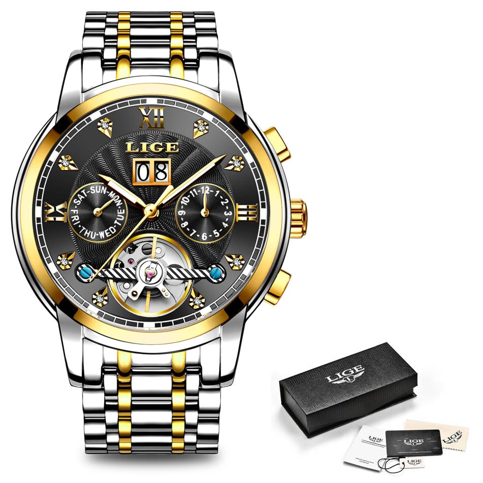 Relógio automático esportivo masculino LIGE em preto e dourado com cronógrafo e detalhes elegantes