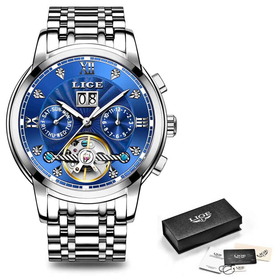 Relógio automático esportivo masculino LIGE com mostrador azul e bracelete de aço inoxidável