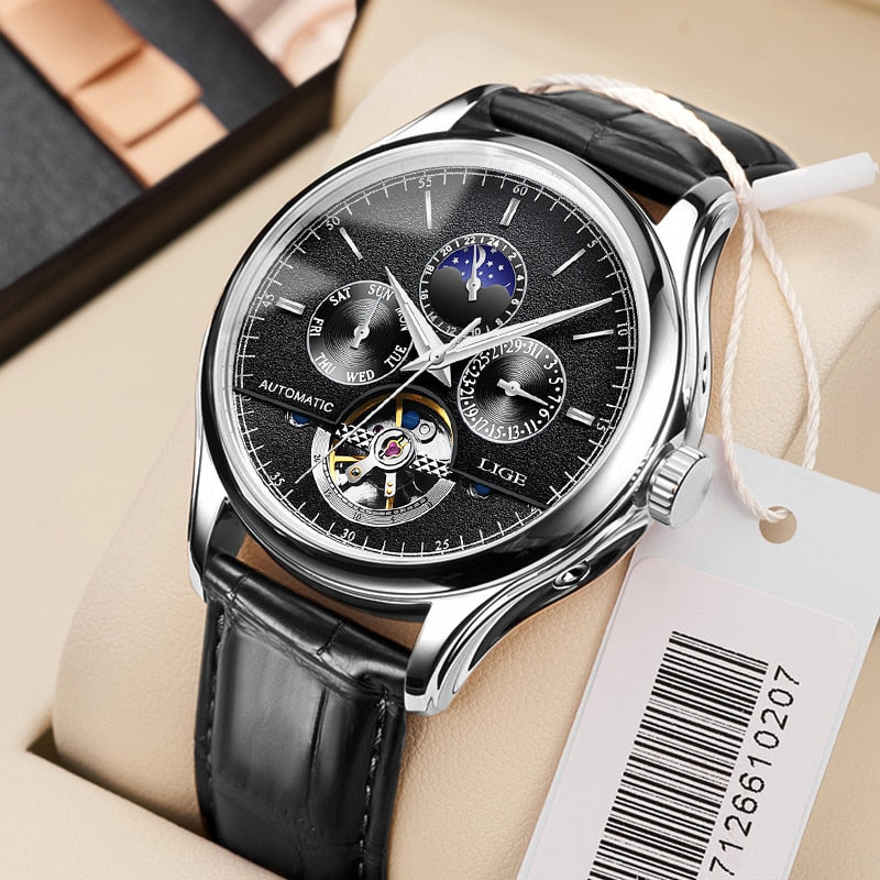 Relógio automático esportivo LIGE com mostrador preto e pulseira de couro elegante.